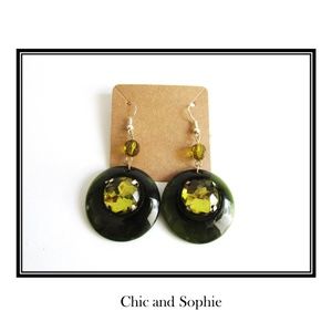 Dark Forest Green Olive Gem Circle Earrings